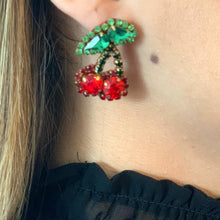 Load image into Gallery viewer, The Ceciel Cherries Earrings create an eye-catching look.  Looks great wether you dress it up or just wear it with a simple t-shirt. Earrings made with ​​the intricate soutache technique embroidery. They will come in a gift box.  Tropical Vibes Collection  Handmade with so much love and care using high quality materials. Unique piece. Swarovski crystals and silk tussel. Back is 14K Gold to avoid allergies. Lightweight
