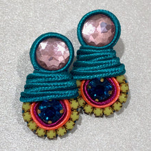 Load image into Gallery viewer, The Ceciel Amy Earrings create an eye-catching look.  Looks great wether you dress it up or just wear it with a simple t-shirt. Earrings made with ​​the intricate soutache technique embroidery. They will come in a gift box.  Handmade with so much love and care using high quality materials. Unique piece. Swarovski crystals and silk tussel. Back is 14K Gold to avoid allergies. Lightweight
