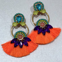 Load image into Gallery viewer, The Ceciel Diana Earrings create an eye-catching look. Looks great wether you dress it up or just wear it with a simple t-shirt. Earrings made with ​​the intricate soutache technique embroidery. They will come in a gift box. Handmade with so much love and care using high quality materials. Unique piece. Silk Ribbon, Swarovski crystals and silk tussel. Back is 14K Gold to avoid allergies. Lightweight
