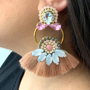 The Ceciel Diana Earrings create an eye-catching look. Looks great wether you dress it up or just wear it with a simple t-shirt. Earrings made with ​​the intricate soutache technique embroidery. They will come in a gift box. Handmade with so much love and care using high quality materials. Unique piece. Silk Ribbon, Swarovski crystals and silk tussel. Back is 14K Gold to avoid allergies. Lightweight 