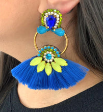 Load image into Gallery viewer, The Ceciel Diana Earrings create an eye-catching look. Looks great wether you dress it up or just wear it with a simple t-shirt. Earrings made with ​​the intricate soutache technique embroidery. They will come in a gift box. Handmade with so much love and care using high quality materials. Unique piece. Silk Ribbon, Swarovski crystals and silk tussel. Back is 14K Gold to avoid allergies. Lightweight
