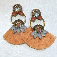 Load image into Gallery viewer, The Ceciel Diana Earrings create an eye-catching look.  Looks great wether you dress it up or just wear it with a simple t-shirt. Earrings made with ​​the intricate soutache technique embroidery. They will come in a gift box.  Handmade with so much love and care using high quality materials. Unique piece. Silk Ribbon, Swarovski crystals and silk tussel. Back is 14K Gold to avoid allergies. Lightweight
