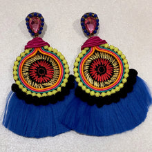 Load image into Gallery viewer, The Ceciel Farah Earrings create an eye-catching look. Looks great wether you dress it up or just wear it with a simple t-shirt. Earrings made with ​​the intricate soutache technique embroidery. They will come in a gift box. Handmade with so much love and care using high quality materials. Unique piece. Silk ribbons, Swarovski crystals and silk tussel. Back is 14K Gold to avoid allergies. Lightweight
