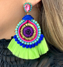 Load image into Gallery viewer, The Ceciel Farah Earrings create an eye-catching look. Looks great wether you dress it up or just wear it with a simple t-shirt. Earrings made with ​​the intricate soutache technique embroidery. They will come in a gift box. Handmade with so much love and care using high quality materials. Unique piece. Silk ribbons, Swarovski crystals and silk tussel. Back is 14K Gold to avoid allergies. Lightweight
