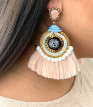 Load image into Gallery viewer, The Ceciel Farah Earrings create an eye-catching look. Looks great wether you dress it up or just wear it with a simple t-shirt. Earrings made with ​​the intricate soutache technique embroidery. They will come in a gift box. Handmade with so much love and care using high quality materials. Unique piece. Silk ribbons, Swarovski crystals and silk tussel. Back is 14K Gold to avoid allergies. Lightweight
