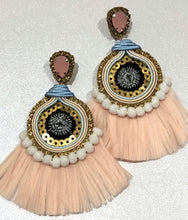 Load image into Gallery viewer, The Ceciel Farah Earrings create an eye-catching look. Looks great wether you dress it up or just wear it with a simple t-shirt. Earrings made with ​​the intricate soutache technique embroidery. They will come in a gift box. Handmade with so much love and care using high quality materials. Unique piece. Silk ribbons, Swarovski crystals and silk tussel. Back is 14K Gold to avoid allergies. Lightweight
