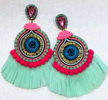 Load image into Gallery viewer, The Ceciel Farah Earrings create an eye-catching look. Looks great wether you dress it up or just wear it with a simple t-shirt. Earrings made with ​​the intricate soutache technique embroidery. They will come in a gift box. Handmade with so much love and care using high quality materials. Unique piece. Silk ribbons, Swarovski crystals and silk tussel. Back is 14K Gold to avoid allergies. Lightweight
