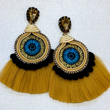 Load image into Gallery viewer, The Ceciel Farah Earrings create an eye-catching look. Looks great wether you dress it up or just wear it with a simple t-shirt. Earrings made with ​​the intricate soutache technique embroidery. They will come in a gift box. Handmade with so much love and care using high quality materials. Unique piece. Silk ribbons, Swarovski crystals and silk tussel. Back is 14K Gold to avoid allergies. Lightweight
