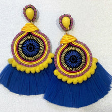 Load image into Gallery viewer, The Ceciel Farah Earrings create an eye-catching look. Looks great wether you dress it up or just wear it with a simple t-shirt. Earrings made with ​​the intricate soutache technique embroidery. They will come in a gift box. Handmade with so much love and care using high quality materials. Unique piece. Silk ribbons, Swarovski crystals and silk tussel. Back is 14K Gold to avoid allergies. Lightweight
