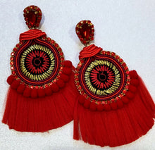 Load image into Gallery viewer, The Ceciel Farah Earrings create an eye-catching look. Looks great wether you dress it up or just wear it with a simple t-shirt. Earrings made with ​​the intricate soutache technique embroidery. They will come in a gift box. Handmade with so much love and care using high quality materials. Unique piece. Silk ribbons, Swarovski crystals and silk tussel. Back is 14K Gold to avoid allergies. Lightweight
