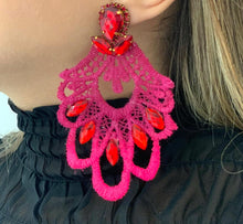 Load image into Gallery viewer, The Ceciel Granada Earrings create an eye-catching look.  Looks great wether you dress it up or just wear it with a simple t-shirt. Earrings made with ​​the intricate soutache technique embroidery. They will come in a gift box.  Handmade with so much love and care using high quality materials. Unique piece. Swarovski crystals and silk tussel. Back is 14K Gold to avoid allergies. Lightweight
