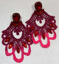 Load image into Gallery viewer, The Ceciel Granada Earrings create an eye-catching look.  Looks great wether you dress it up or just wear it with a simple t-shirt. Earrings made with ​​the intricate soutache technique embroidery. They will come in a gift box.  Handmade with so much love and care using high quality materials. Unique piece. Swarovski crystals and silk tussel. Back is 14K Gold to avoid allergies. Lightweight
