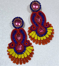 Load image into Gallery viewer, The Ceciel Iris Chic Earrings create an eye-catching look.  Looks great wether you dress it up or just wear it with a simple t-shirt. Earrings made with ​​the intricate soutache technique embroidery. They will come in a gift box.  Handmade with so much love and care using high quality materials. Unique piece. Swarovski crystals and silk tussel. Back is 14K Gold to avoid allergies. Lightweight
