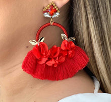 Load image into Gallery viewer, The Ceciel Jazmin Earrings create an eye-catching look.  Looks great wether you dress it up or just wear it with a simple t-shirt. Earrings made with ​​the intricate soutache technique embroidery. They will come in a gift box.  Handmade with so much love and care using high quality materials. Unique piece. Swarovski crystals and silk tussel. Back is 14K Gold to avoid allergies. Lightweight
