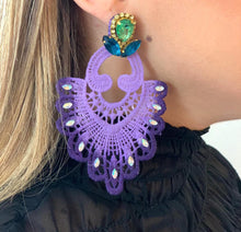 Load image into Gallery viewer, The Ceciel Lily Earrings create an eye-catching look.  Looks great wether you dress it up or just wear it with a simple t-shirt. Earrings made with ​​the intricate soutache technique embroidery. They will come in a gift box.  Handmade with so much love and care using high quality materials. Unique piece. Swarovski crystals and silk tussel. Back is 14K Gold to avoid allergies. Lightweight
