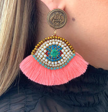 Load image into Gallery viewer, The Ceciel Lucky Eye Earrings create an eye-catching look.  Looks great wether you dress it up or just wear it with a simple t-shirt. Earrings made with ​​the intricate soutache technique embroidery. They will come in a gift box.  Handmade with so much love and care using high quality materials. Unique piece. Swarovski crystals and silk tussel. Back is 14K Gold to avoid allergies. Lightweight
