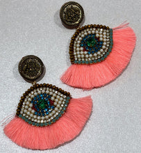 Load image into Gallery viewer, The Ceciel Lucky Eye Earrings create an eye-catching look.  Looks great wether you dress it up or just wear it with a simple t-shirt. Earrings made with ​​the intricate soutache technique embroidery. They will come in a gift box.  Handmade with so much love and care using high quality materials. Unique piece. Swarovski crystals and silk tussel. Back is 14K Gold to avoid allergies. Lightweight
