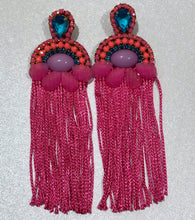 Load image into Gallery viewer, The Ceciel Malva Earrings create an eye-catching look.  Looks great wether you dress it up or just wear it with a simple t-shirt. Earrings made with ​​the intricate soutache technique embroidery. They will come in a gift box.  Handmade with so much love and care using high quality materials. Unique piece. Swarovski crystals and silk tussel. Back is 14K Gold to avoid allergies. Lightweight
