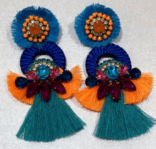 Load image into Gallery viewer, The Ceciel Mary Earrings create an eye-catching look.  Looks great wether you dress it up or just wear it with a simple t-shirt. Earrings made with ​​the intricate soutache technique embroidery. They will come in a gift box.  Handmade with so much love and care using high quality materials. Unique piece. Swarovski crystals and silk tussel. Back is 14K Gold to avoid allergies. Lightweight
