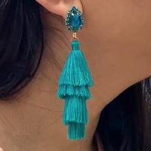 Load image into Gallery viewer, The Ceciel Tassels Earrings create an eye-catching look.  Looks great wether you dress it up or just wear it with a simple t-shirt. Earrings made with ​​the intricate soutache technique embroidery. They will come in a gift box.  Handmade with so much love and care using high quality materials. Unique piece. Swarovski crystals and silk tussel. Back is 14K Gold to avoid allergies. Lightweight
