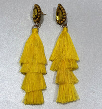 Load image into Gallery viewer, The Ceciel Tassels Earrings create an eye-catching look.  Looks great wether you dress it up or just wear it with a simple t-shirt. Earrings made with ​​the intricate soutache technique embroidery. They will come in a gift box.  Handmade with so much love and care using high quality materials. Unique piece. Swarovski crystals and silk tussel. Back is 14K Gold to avoid allergies. Lightweight
